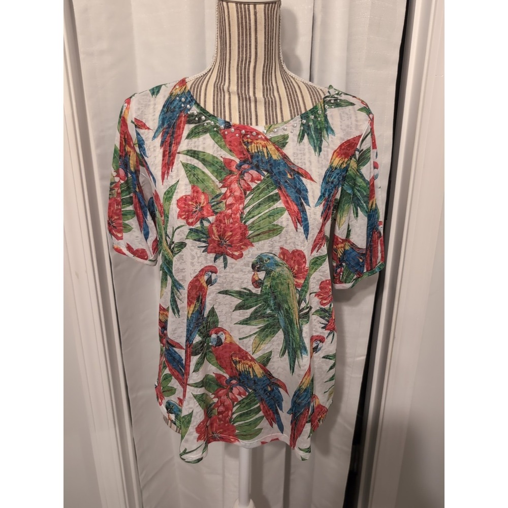 Ruby Rd. Multicolor Floral Parrot Tee Top Petite Small Rhinestone Short Sleeve